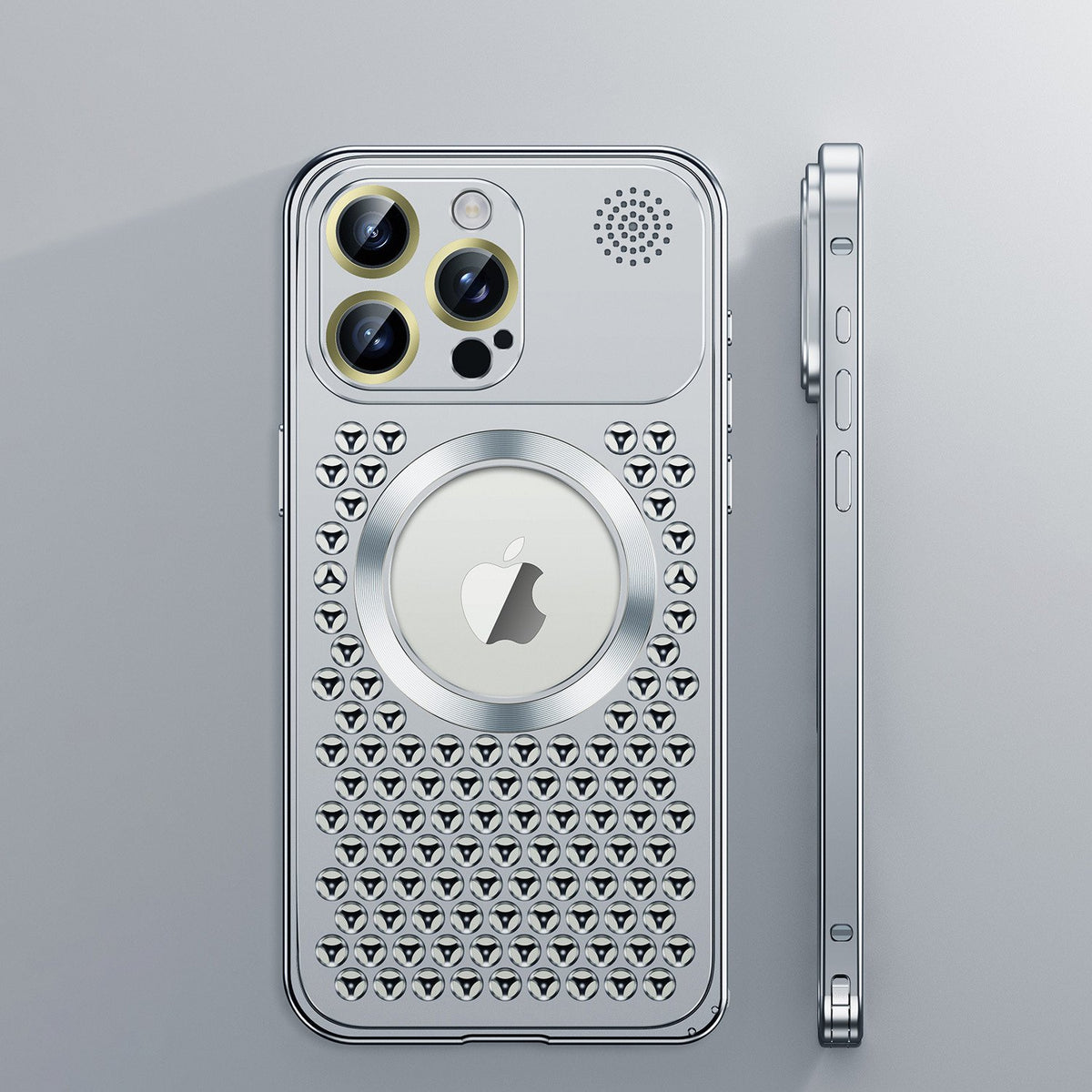 Spring Buckle Aromatherapy Metal Hollow Heat Dissipation Mobile Phone Case With Lens Film