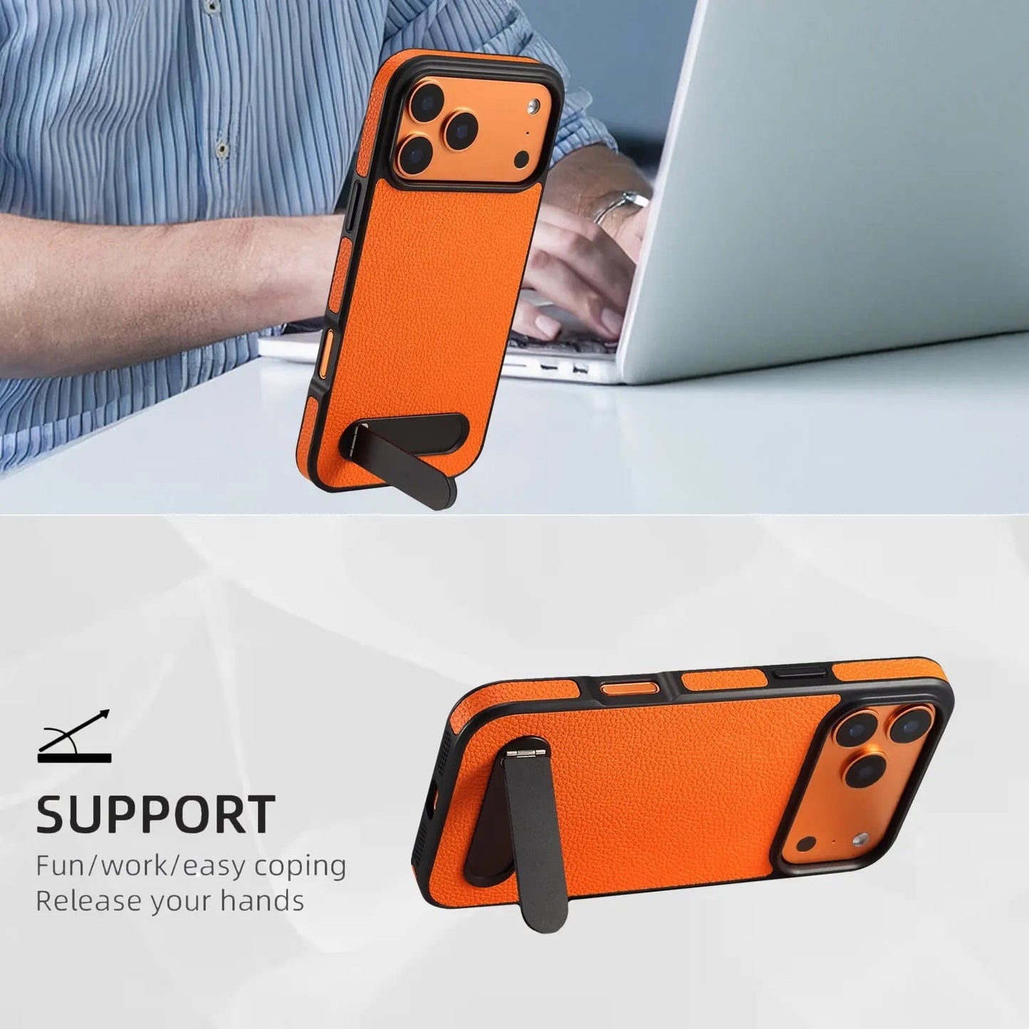 Leather iPhone Case With Stand – Durable Protective Cover (Orange)  | PE260052