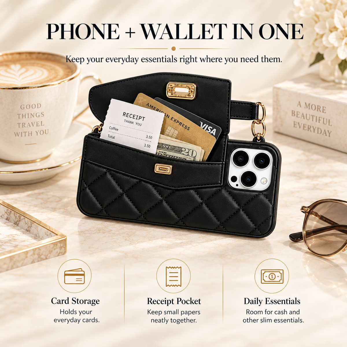 Flip Wallet Phone Case – Quilted Mini Purse with Card Pouch, Hand Carry & Crossbody Styles