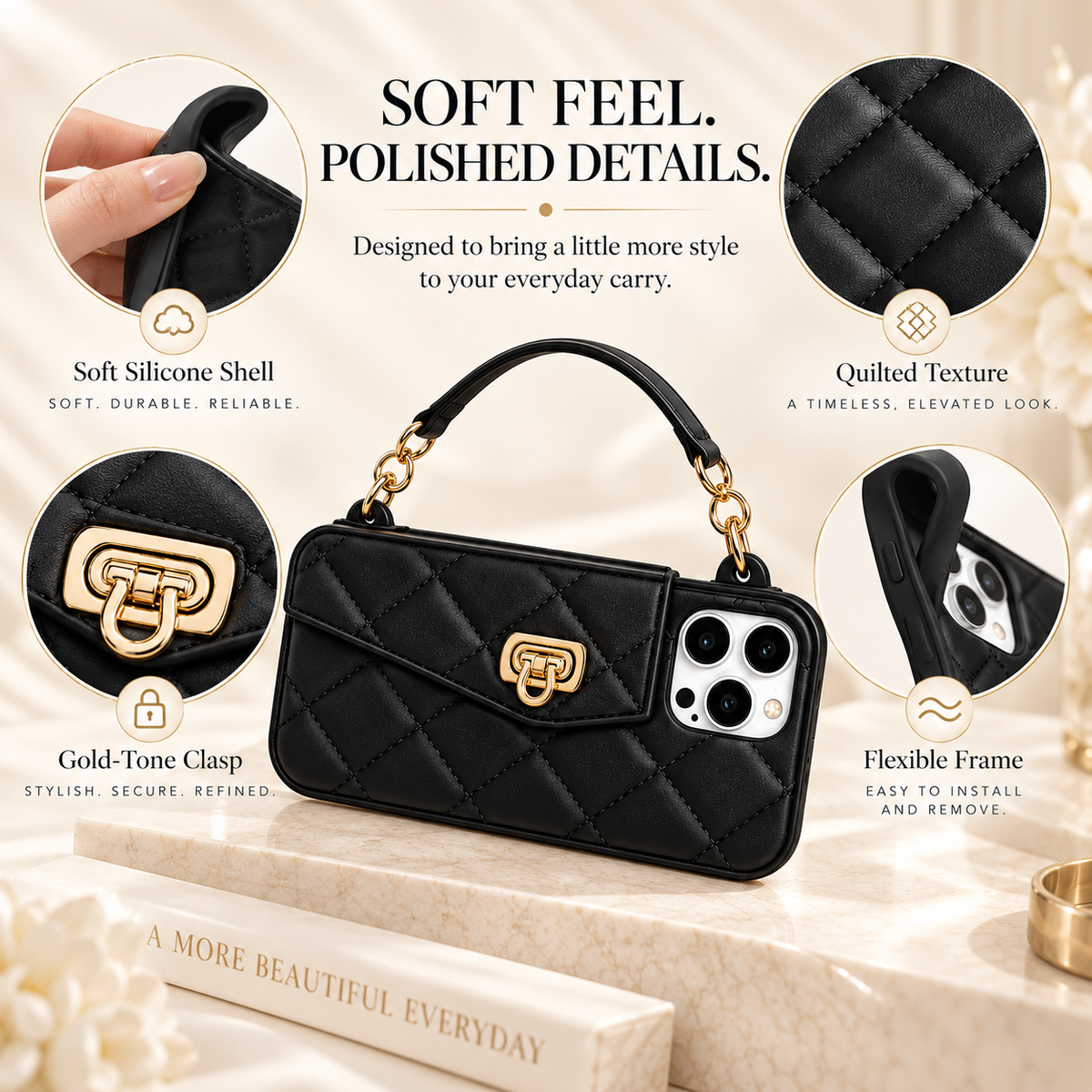 Flip Wallet Phone Case – Quilted Mini Purse with Card Pouch, Hand Carry & Crossbody Styles