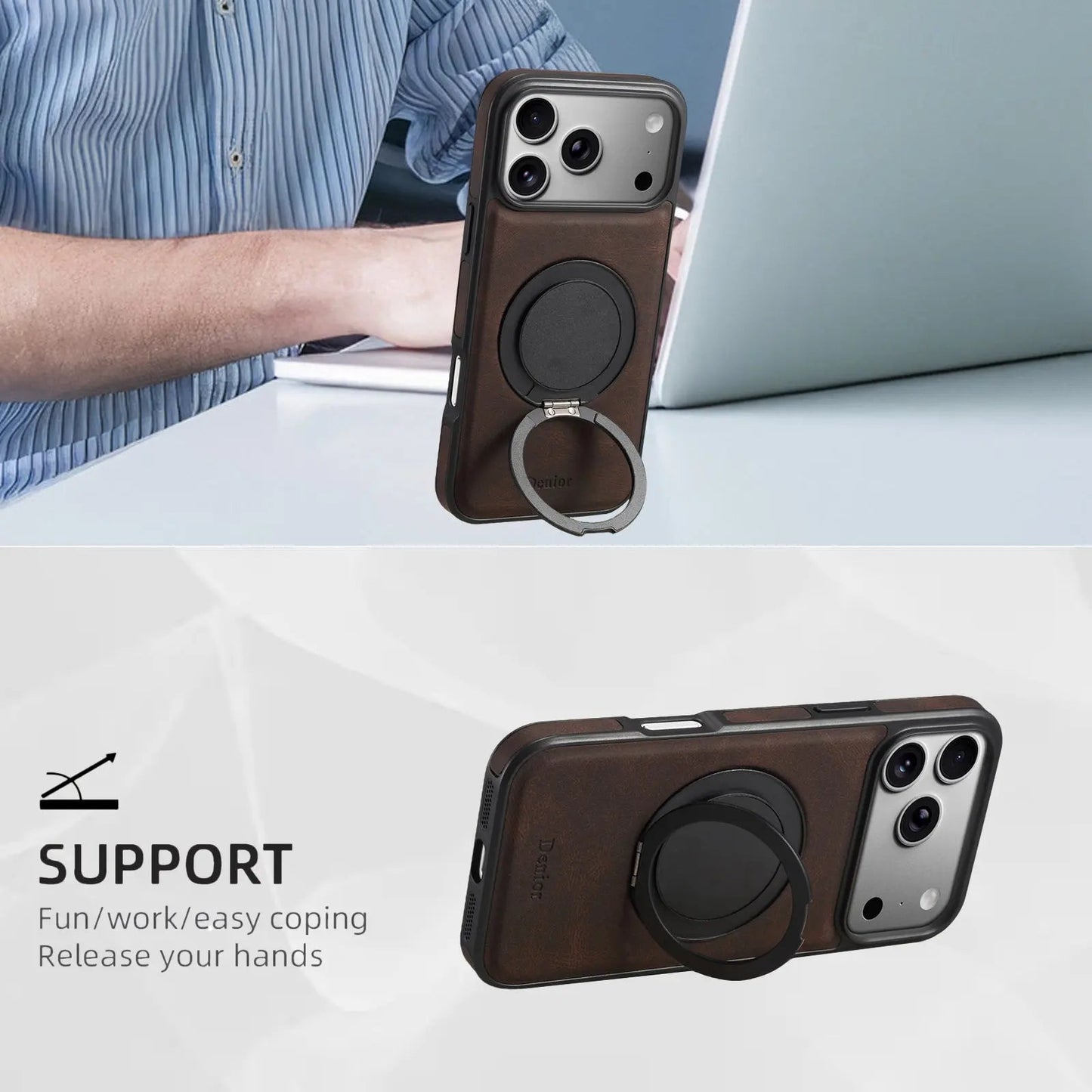 Leather iPhone Case with Stand Compatible With Magsafe (Brown)  | PE260046